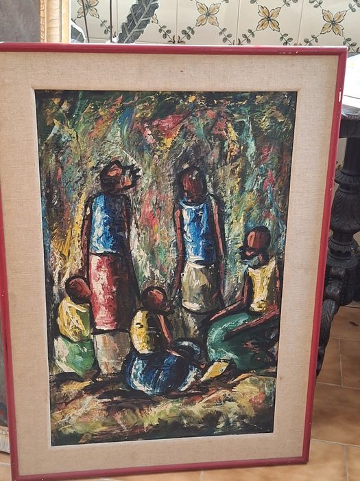Quadro a óleo antigo motivos africanos