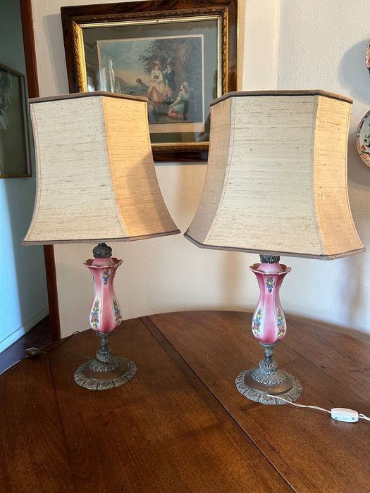 2 Candeeiros Vintage, Ceramica com base em latão