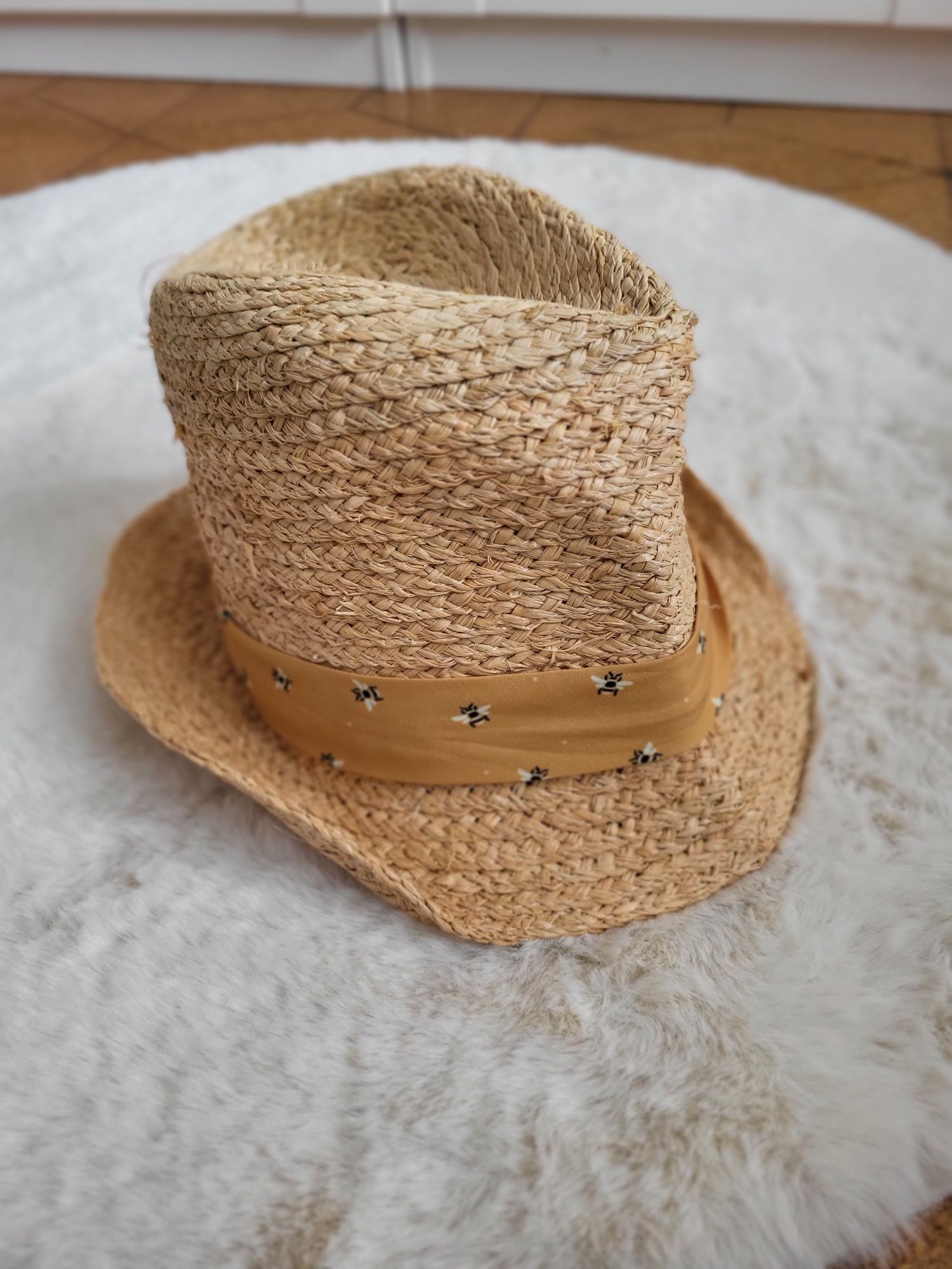 Słomiany kapelusz motyw pszczelarski pszczoły FatFace 100% raffia