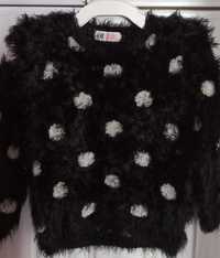 Śliczny futrzany sweter (czarny w białe grochy) H&M 110/116