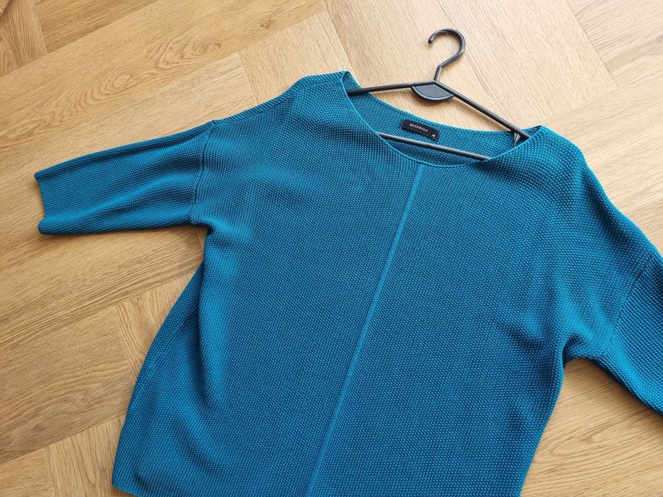 Damski sweter rękaw 3/4 Reserverd turkusowy sweter oversize szeroki