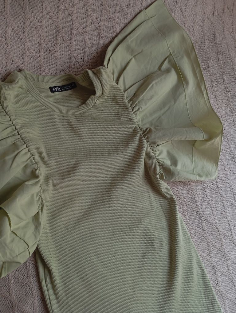 ZARA S miętowy zielony top bluzka body prążki motylkowy rękaw