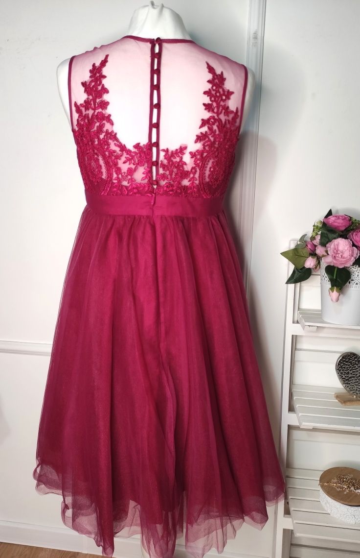 Sukienka tiulowa midi burgundowa 36/S Chi Chi London nowa koronkowa