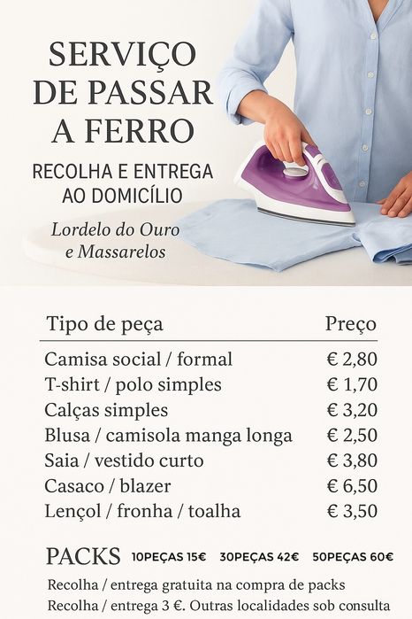 Serviço de passar a ferro recolha/entrega domicilio