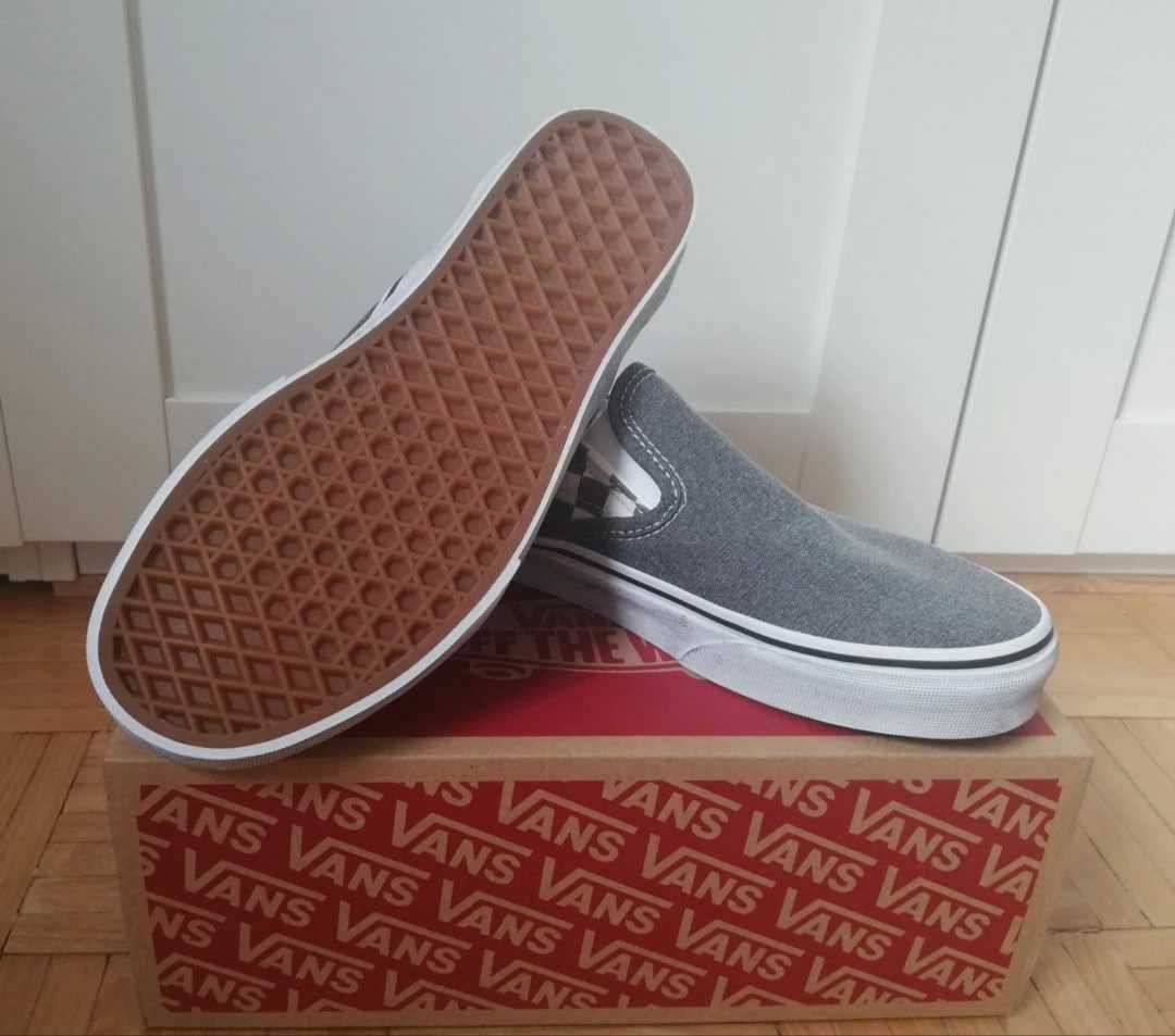 Buty sneakersy Vans slip-on, r. 40.5, szary, bialy, krata.