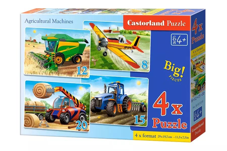 Puzzle 4 w 1. 8, 12, 15, 20  elementów. Maszyny rolnicze. Castorland