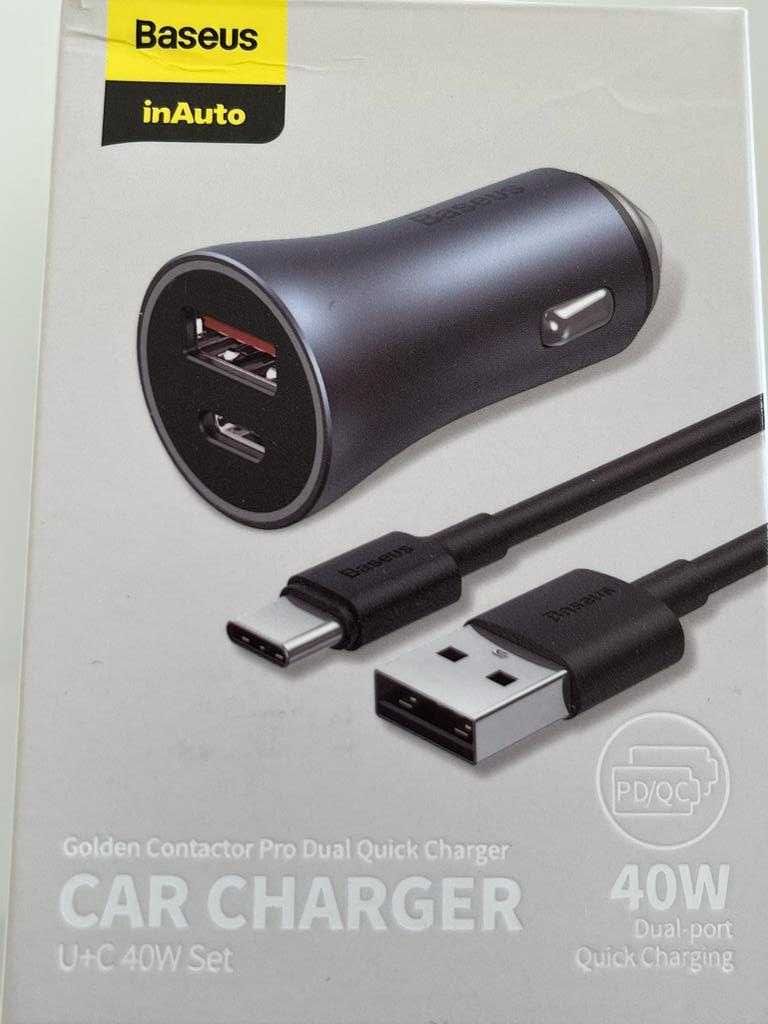 Baseus Ładowarka samchodowa USB QC 40W kabel USB-C