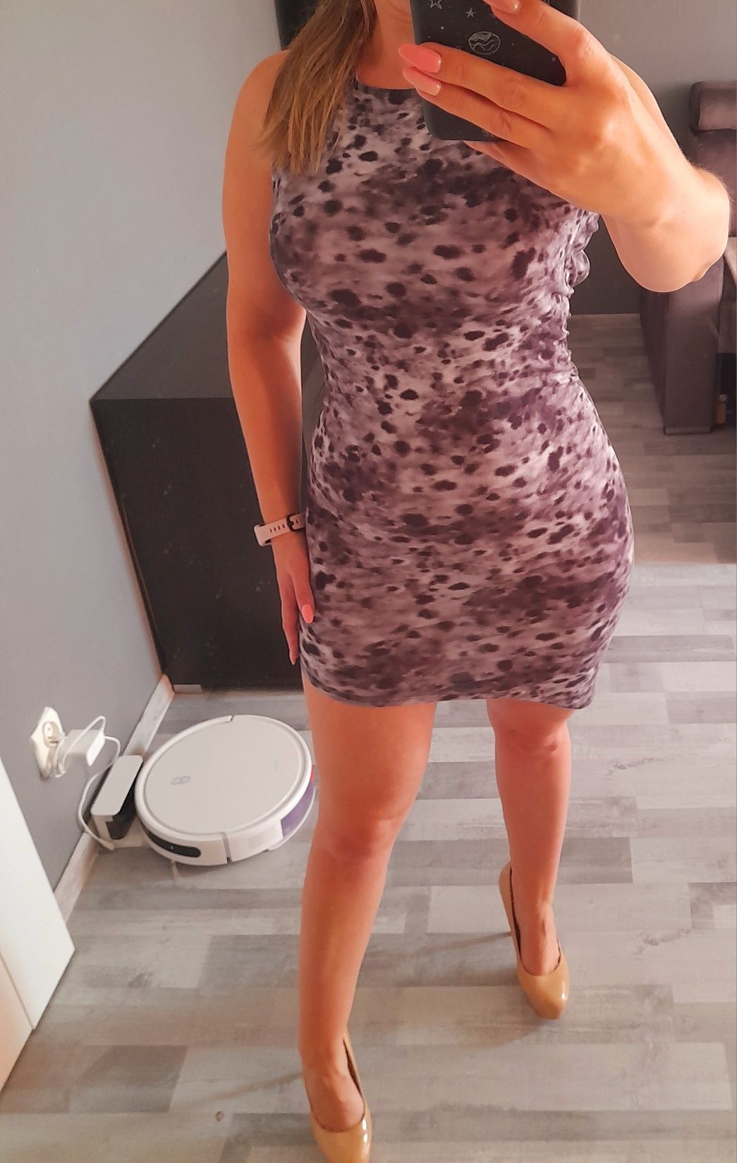 Sukienka tuba sexy Asymetryczna wzory mini 36 38 S M sexy szara