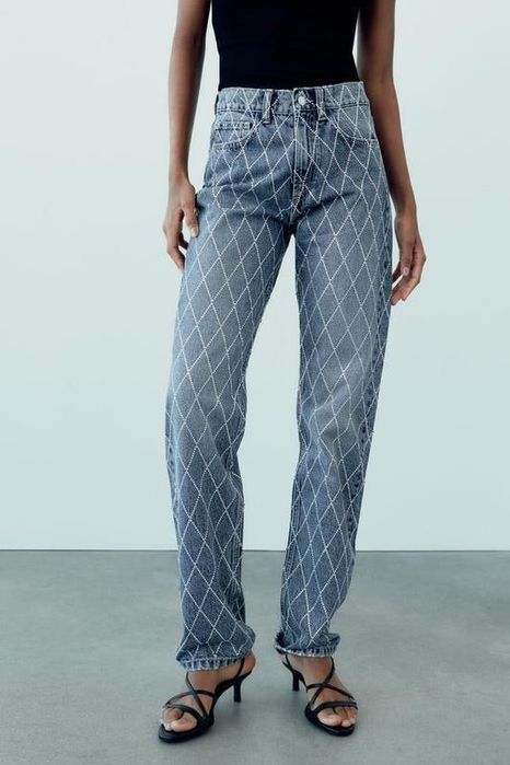 Голубі джинси zara trf mid-rise стрази штани камінці зара сяючі
