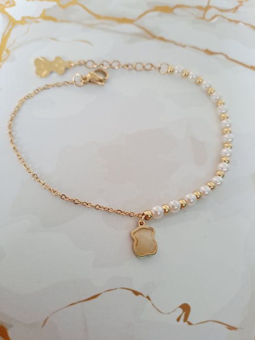 Bransoletka z małym misiem koraliki białe + złote