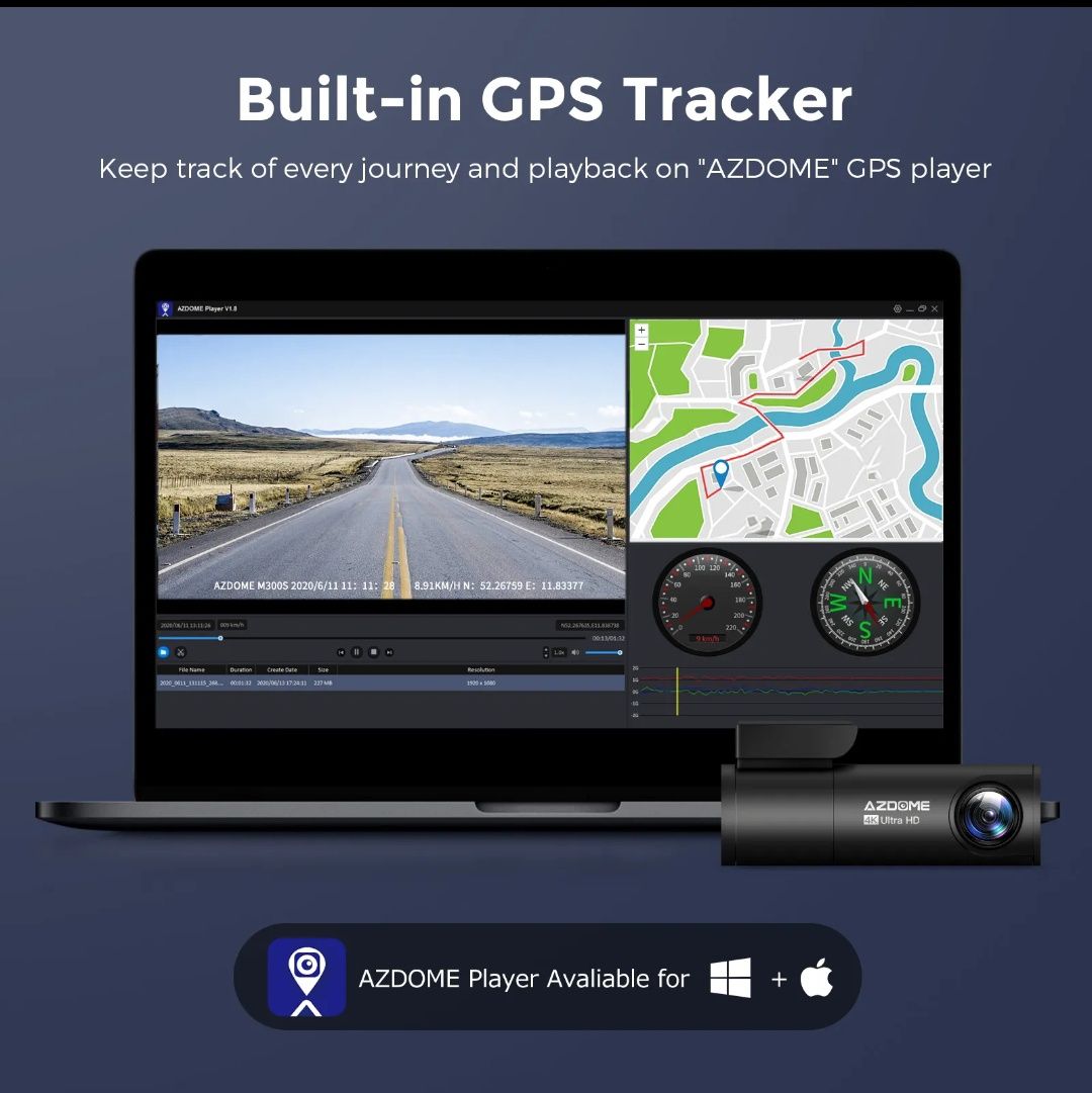 Kit 2 Câmaras Auto dashcam Azdome m300s 4k vigilância 24H wifi GPS Voz