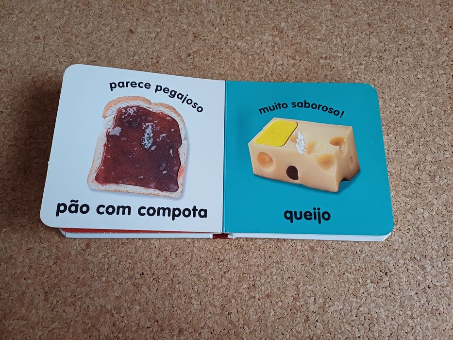 Livro bebé, várias imagens, texturas, cores. Hora de comer