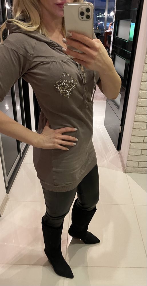 Rossodisera włoska bluza długa kaptur khaki kryształy logo Zara