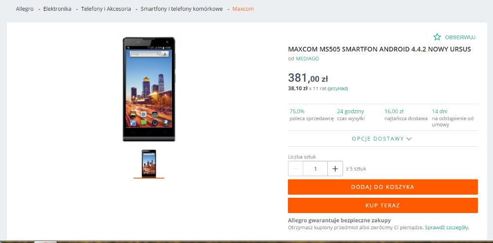 SMARTFON MaxCom MS505 telefon dotykowy 5' DUAL SIM