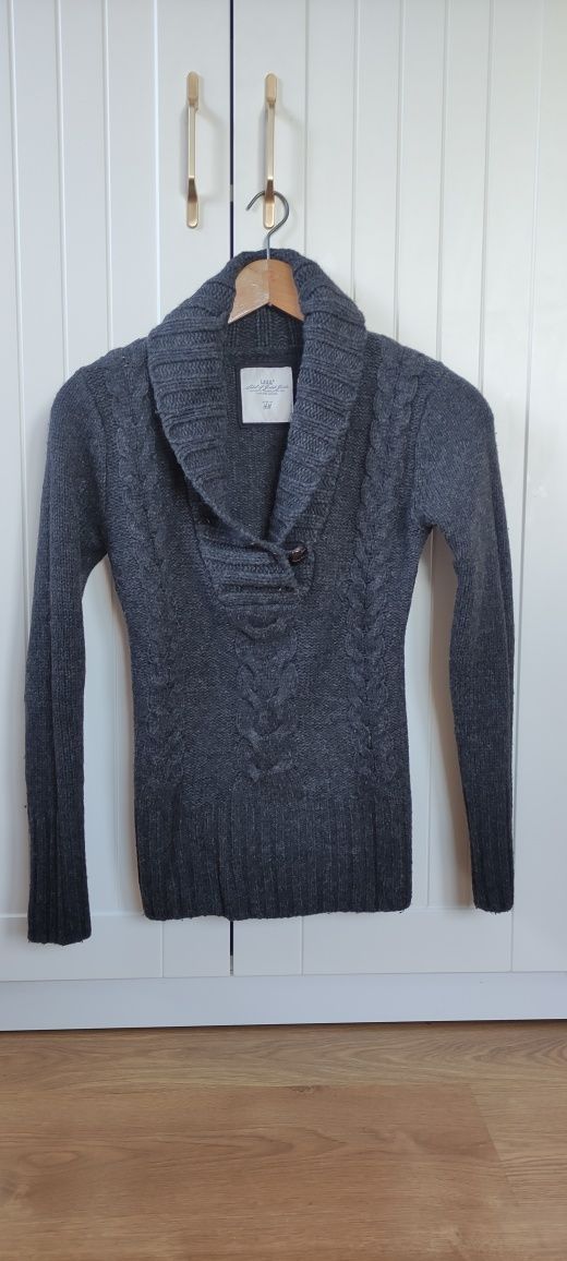 Sweter gruby ciepły H&M 36 S ciemnoszary warkocze 55% wełna 30% wiskoz