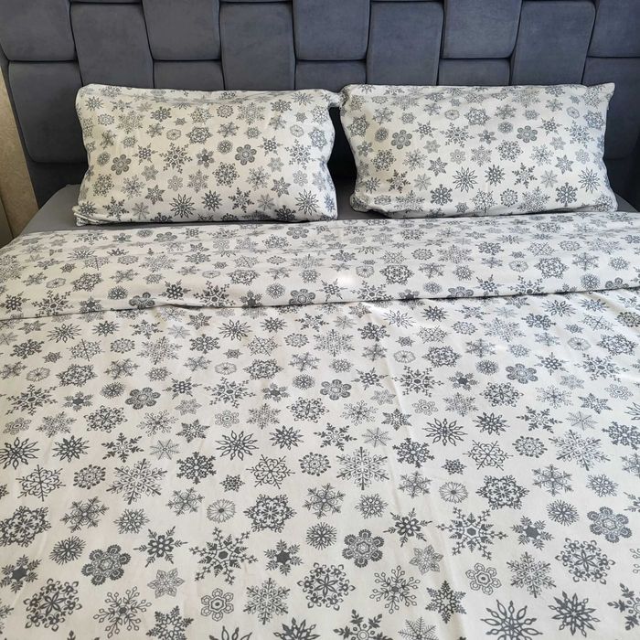 Тепла фланелева постіль "Сніжинки" (сіра) | Всі розміри | 100% бавовна