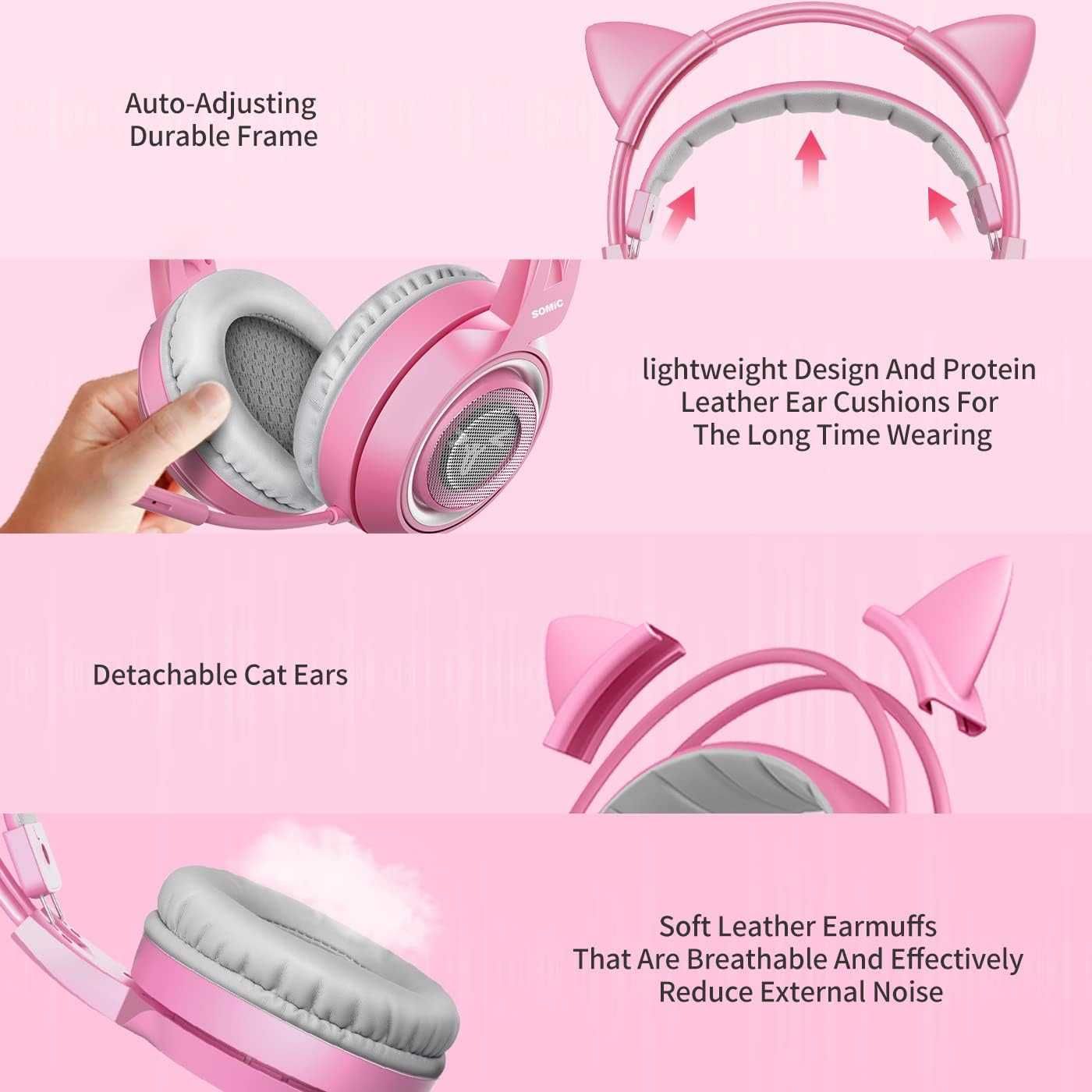 Somic G951S Słuchawki gamingowe przewodowe różowe z uszami