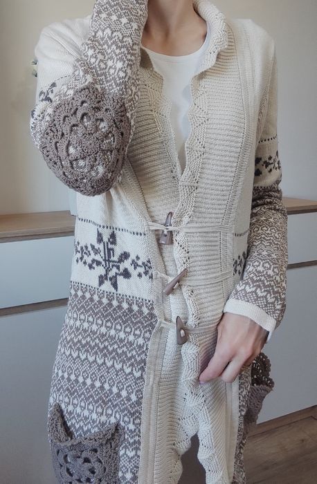 Cream dlugi kardigan sweter wzór norweski 100% bawełna s 36