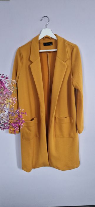 Musztardowa długa marynarka żakiet narzutka Reserved 38 40 M L