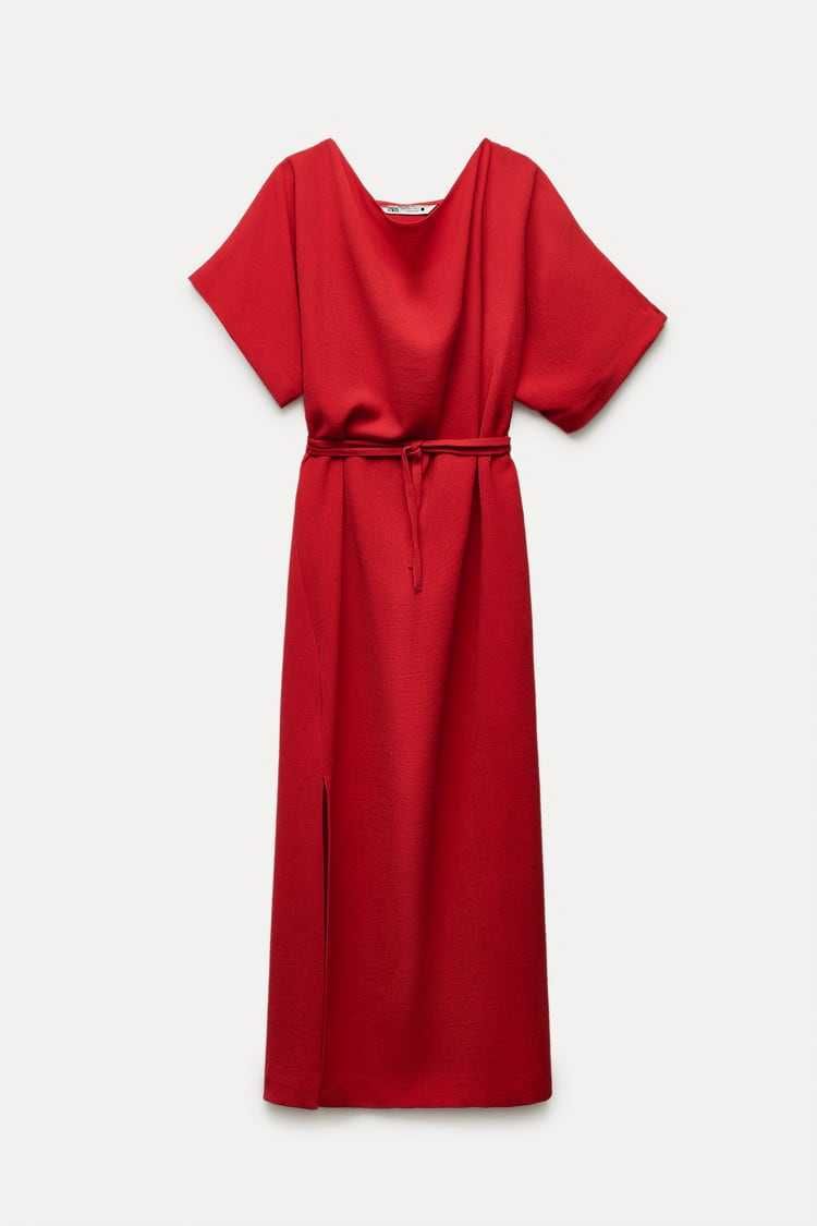 Zara długa czerwona sukienka z paskiem M