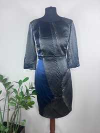 Granatowa wzorzysta jedwabna sukienka z jedwabiu Tahari rozmiar S