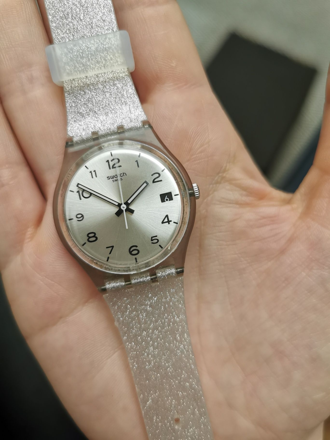 Zegarek swatch gent srebrny brokatowy