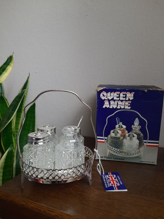 Anglia posrebrzany zestaw stołowy Queen Anne vintage soniczka pieprzni