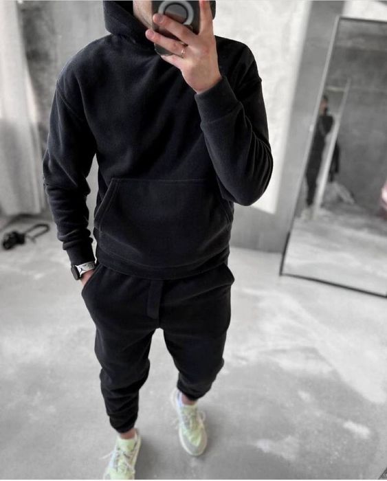 Якісний флісовий чоловічий костюм з капюшоном  двосторонній фліс-пол