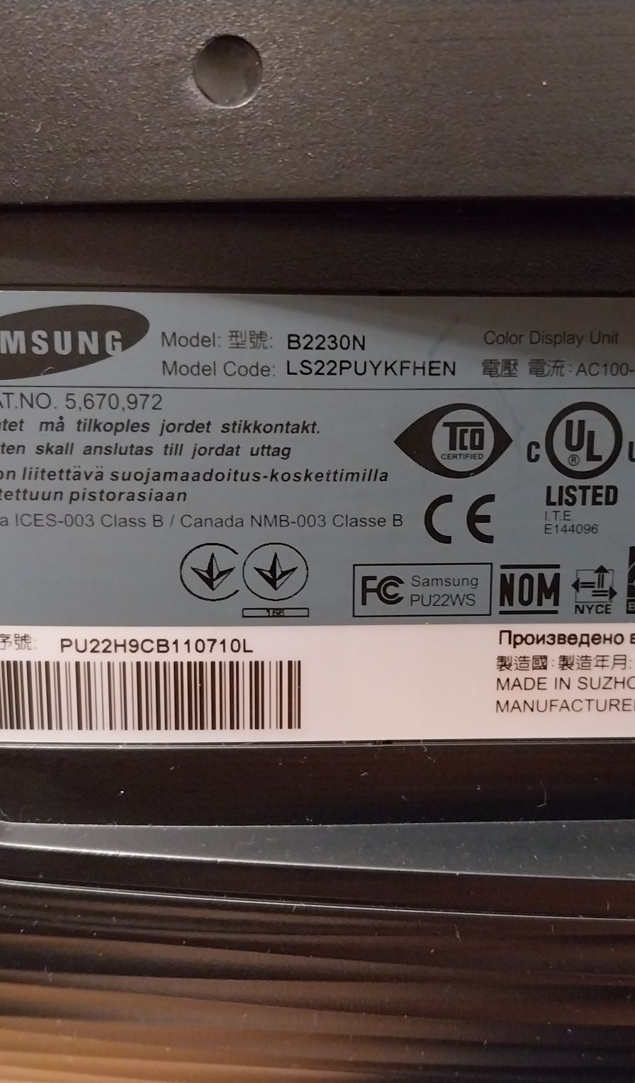 Monitor Samsung B2230N. 22"