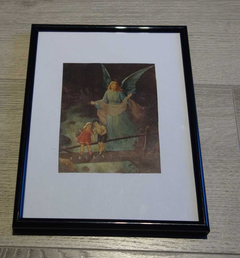 obrazek religijny Anioł stróż z dziećmi przeszklona czarna ramka
