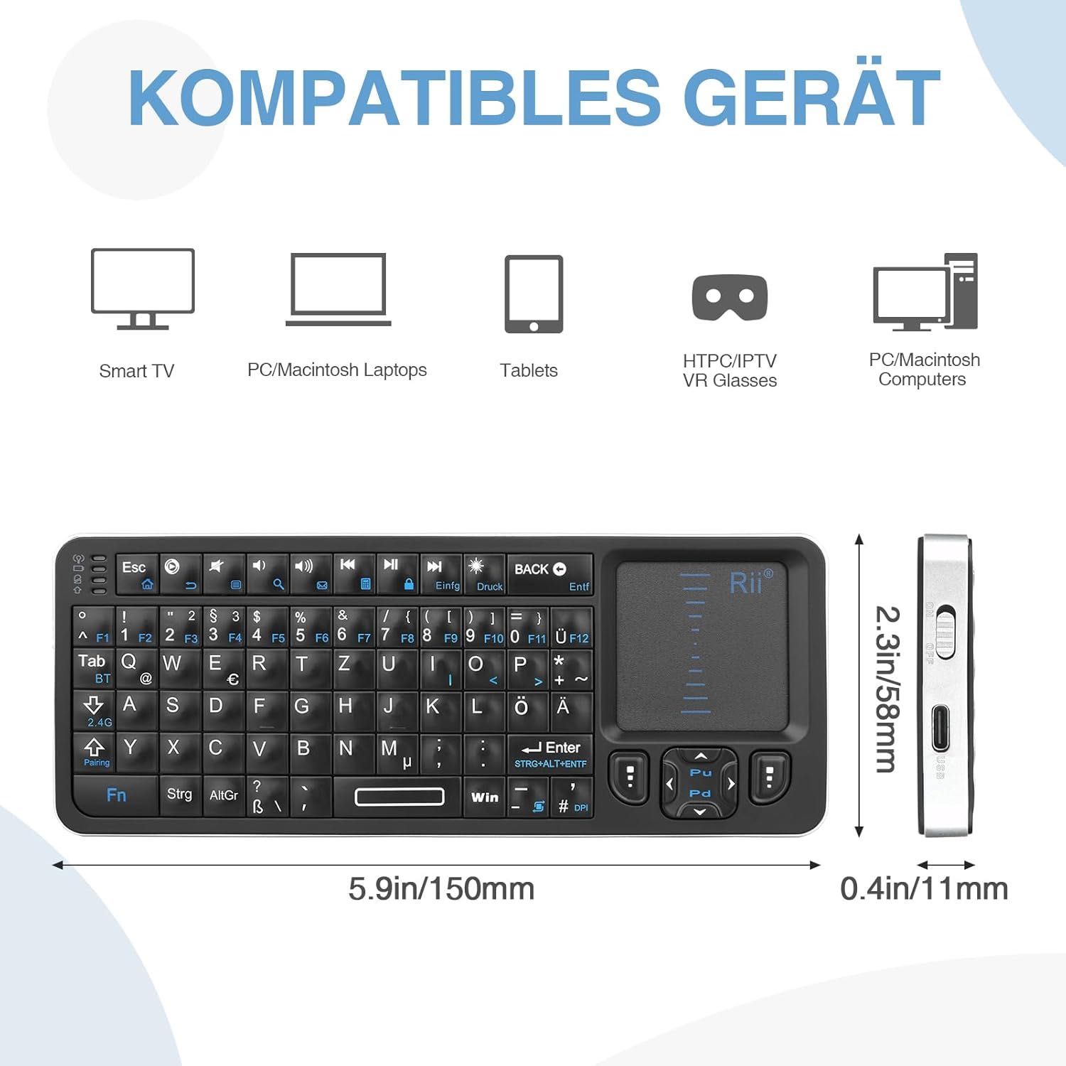 Klawiatura Rii Mini Bluetooth z touchpadem, układ niemiecki