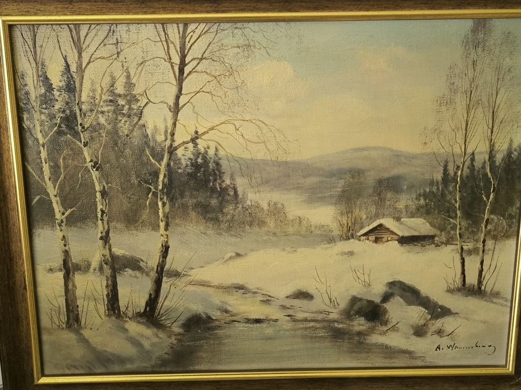 Obraz olejny zima A. WENNERBERG Norwegia sygnowany