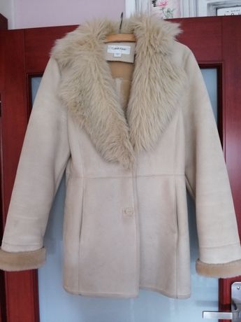 Piękna kurtka kożuch płaszcz futerko Calvin Klein beżowa 36s