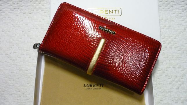 Lorenti portfel skórzany piórnik suwak kopertówka czerwony