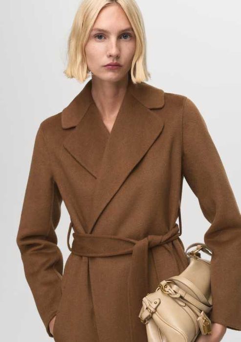 Довге вовняне двобортне пальто MANGO