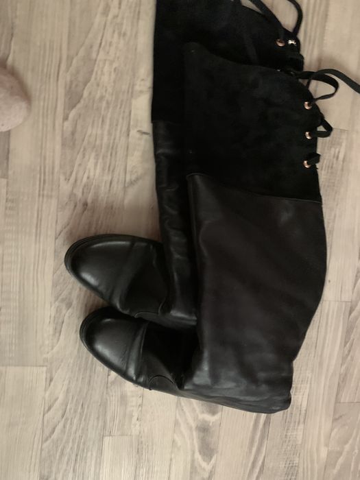 Зиние кожаные замшевые сапоги ботфорды