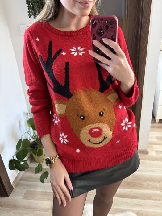 Czerwony sweter świąteczny damski z reniferem zimowy gruby ciepły