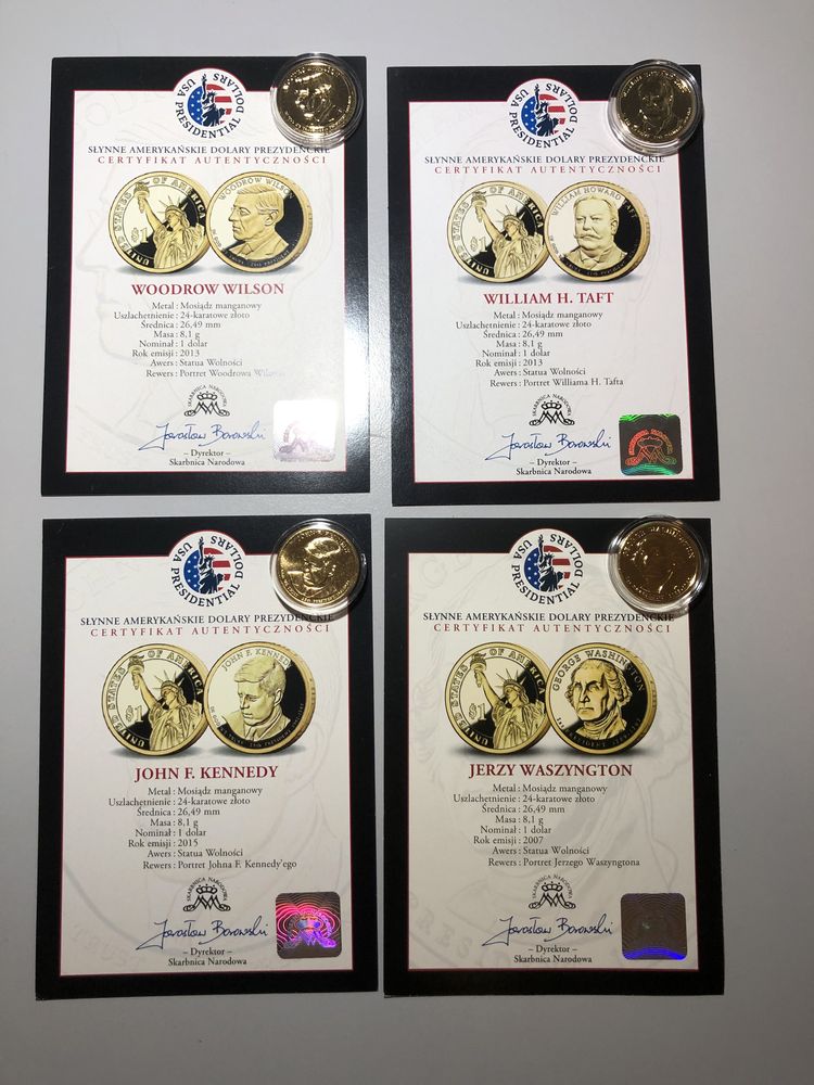 Monety prezydentow + certyfikaty