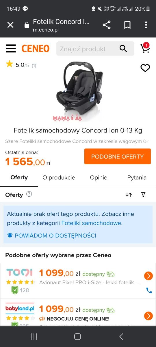 Nosidełko fotelik samochodowy Concord Ion 0-13 kg