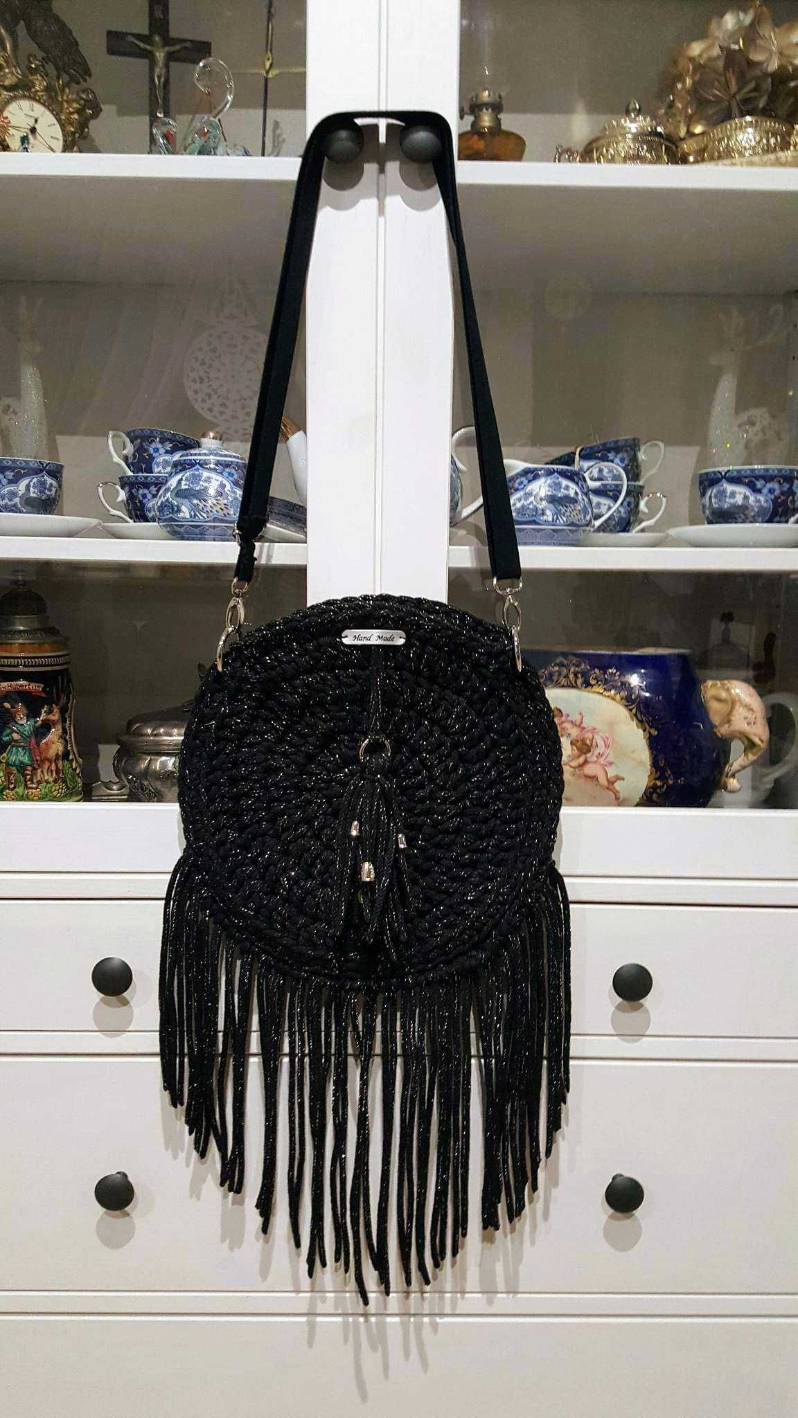 Torebka boho szydełko handmade okrągła frędzle