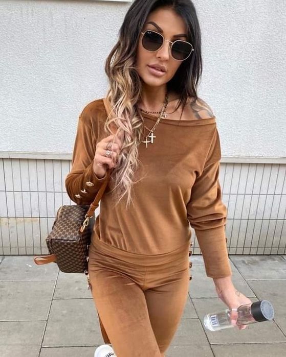 Nowy komplet dresowy welurowy uni S M camel brązowy