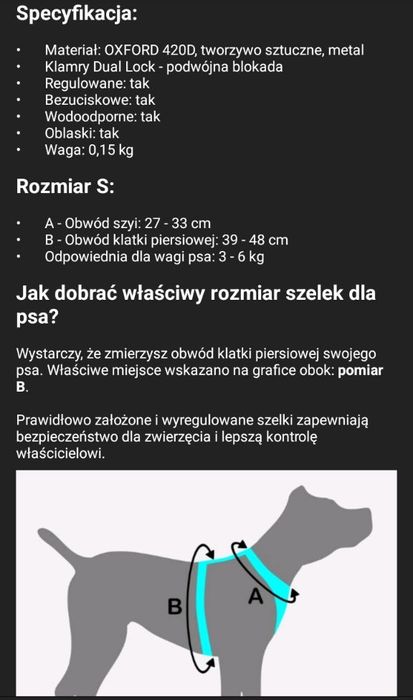 Szelki dla psa rozmiar S