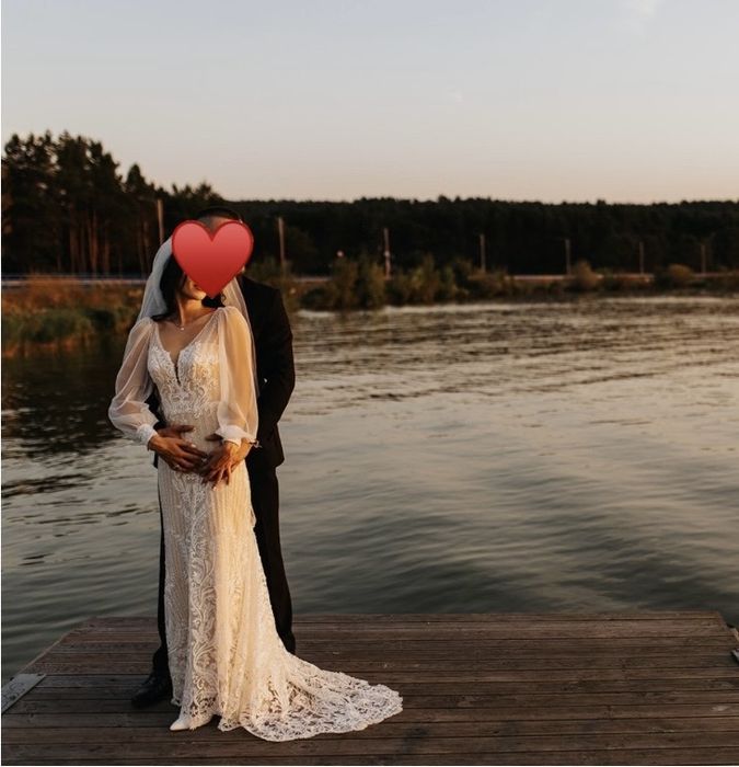 Suknia ślubna ecru śmietankowa długi rękaw XS