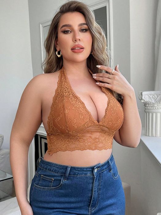Top Crop Gorsetowy Koronkowy Głęboki Dekolt Brązowy Casual Shein 4Xl