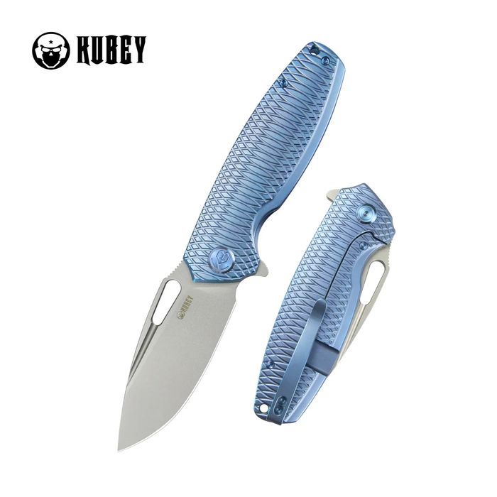 Nóż składany Kubey Tityus Blue Pattern Titanium, Beadblasted 14C28N (K