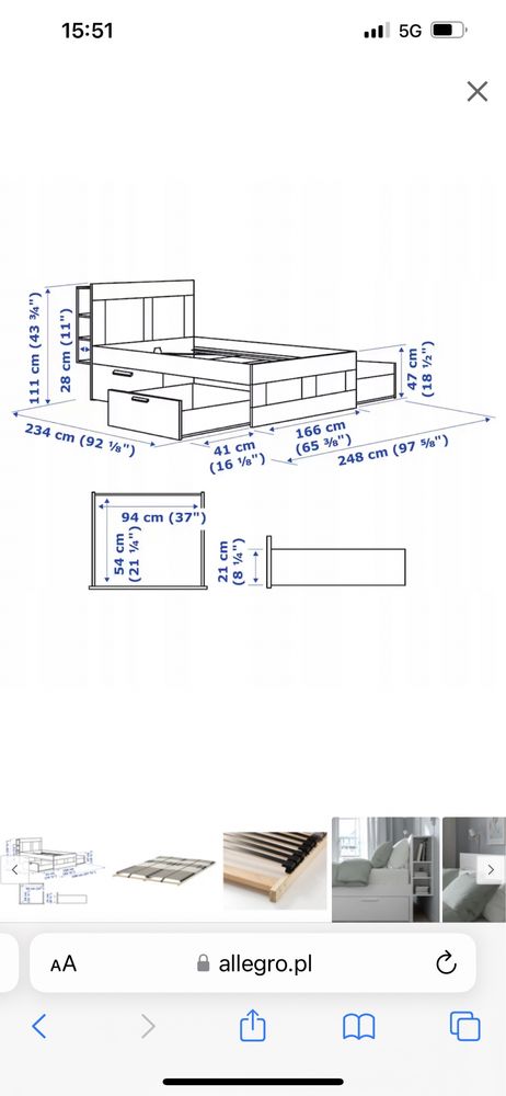 Lozko biale ikea Brimnes rama stelaz zaglowek szuflady 160 na 200