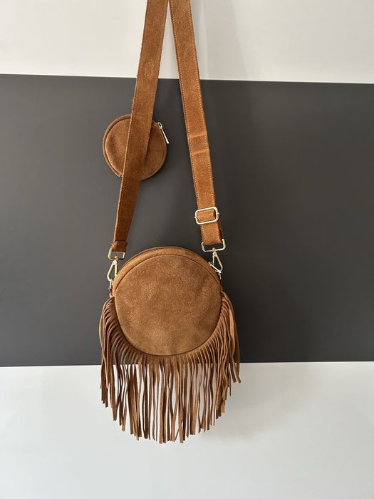 Torebka frędzle ze skóry naturalnej zamszowej kolor camel