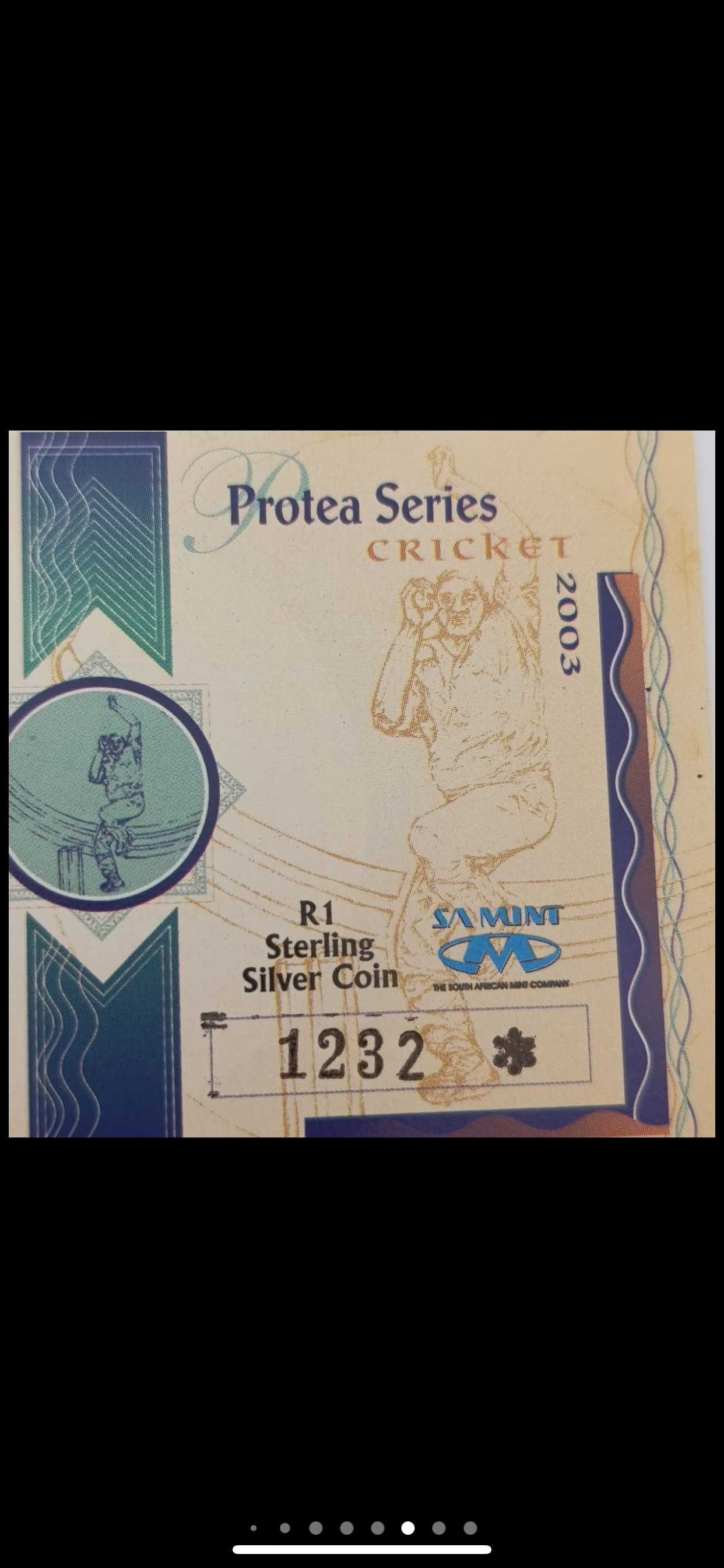 Moeda de prata protea Cricket R1 proof de 2003 da RSA em cápsula