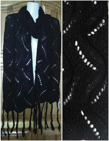 Длинный черный шарф с кисточками 220см/35cм шарф вязаный