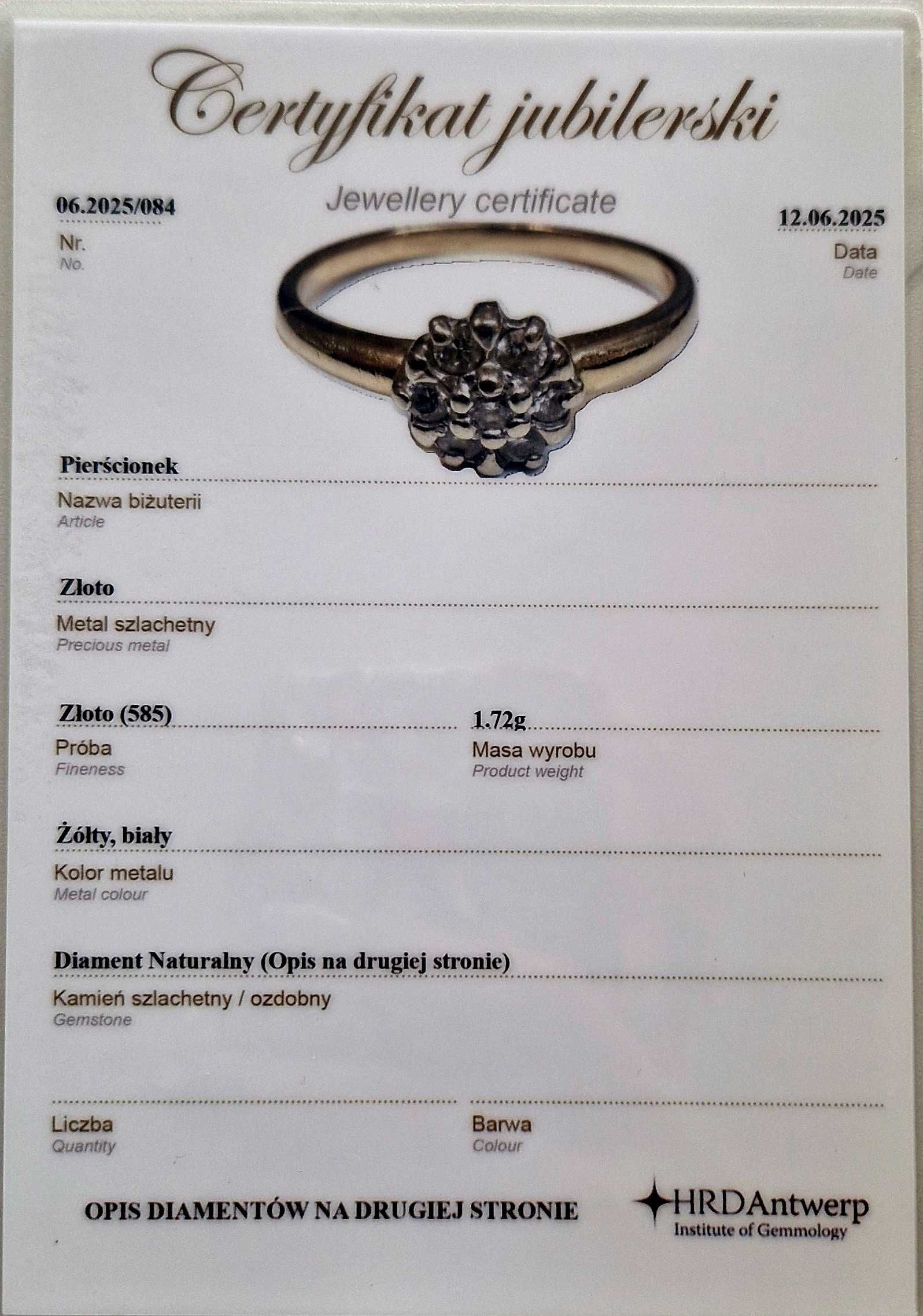 Pierścionek Złoty z Diamentami/ zaręczyny/urodziny/pr.585/certyfikat